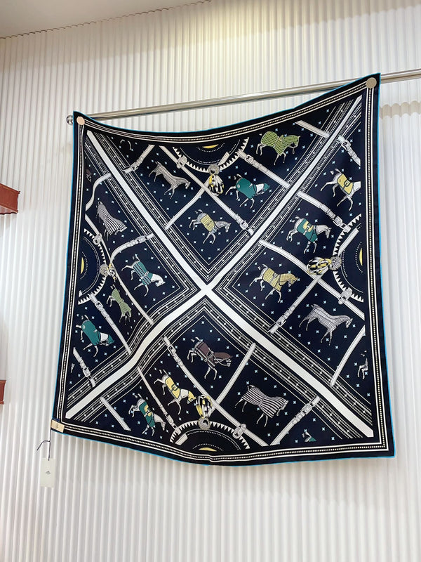 Couvertures Et Tenues De Jour Double Face Scarf 90 CM In Blue Mix Black Colorful Silk 190031