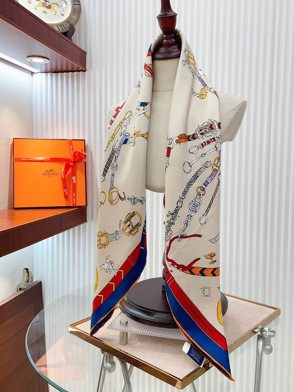 Chevaux Dechaines Shawl 90 CM In White Red Colorful Silk Twill 201031