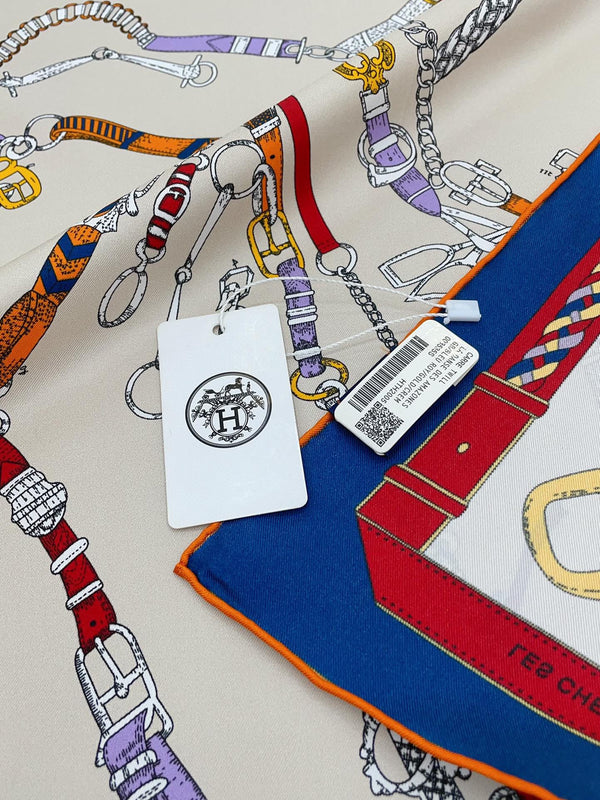 Chevaux Dechaines Shawl 90 CM In White Red Colorful Silk Twill 201031