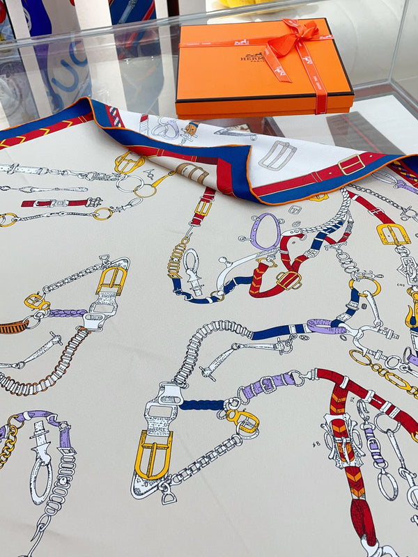 Chevaux Dechaines Shawl 90 CM In White Red Colorful Silk Twill 201031