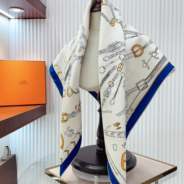 Chevaux Dechaines Shawl 90 CM In White Blue Colorful Silk Twill 201033