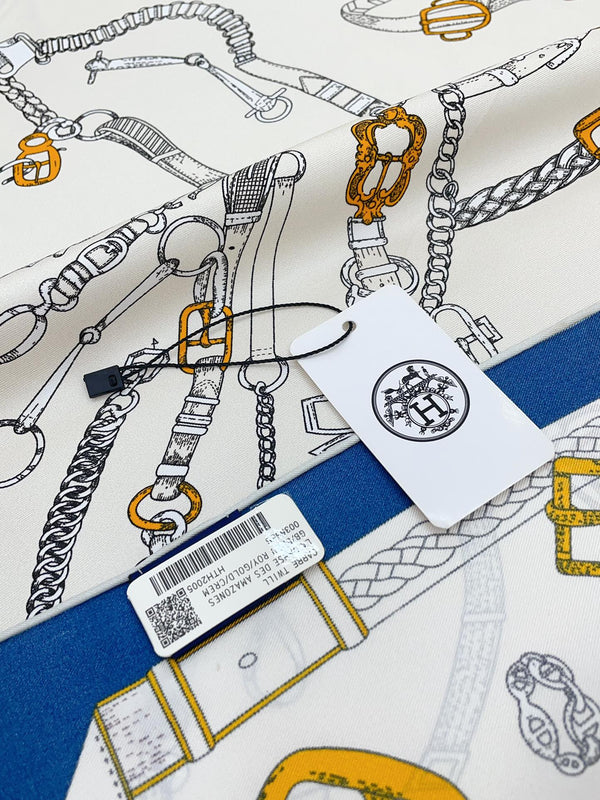 Chevaux Dechaines Shawl 90 CM In White Blue Colorful Silk Twill 201033