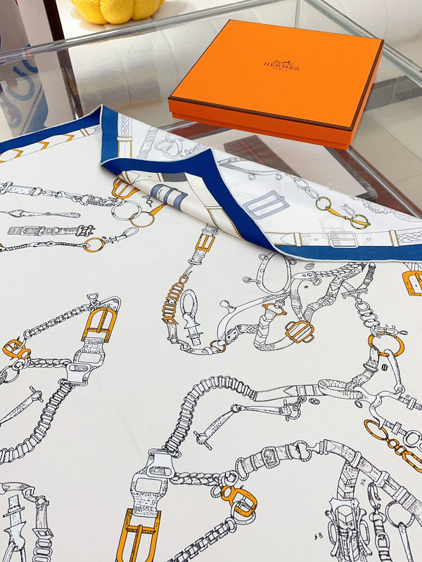 Chevaux Dechaines Shawl 90 CM In White Blue Colorful Silk Twill 201033