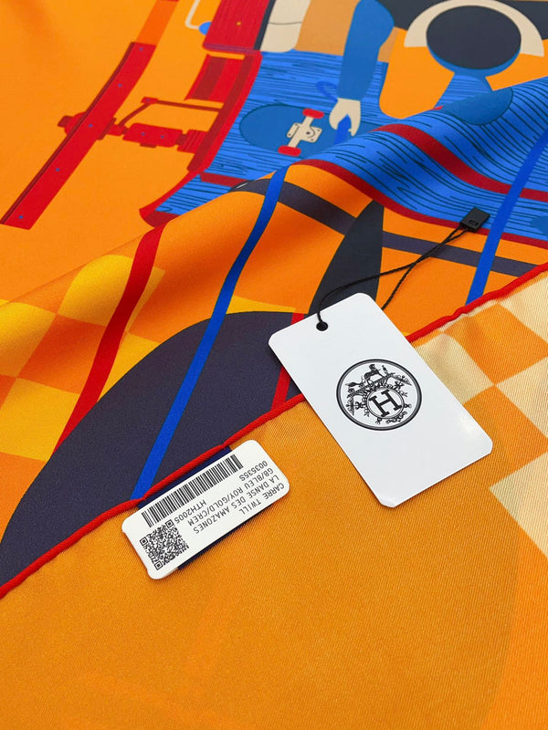 First & Chic Scarf 90 CM In Orange Colorful Silk Twill 202492