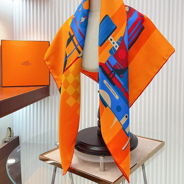 First & Chic Scarf 90 CM In Orange Colorful Silk Twill 202492