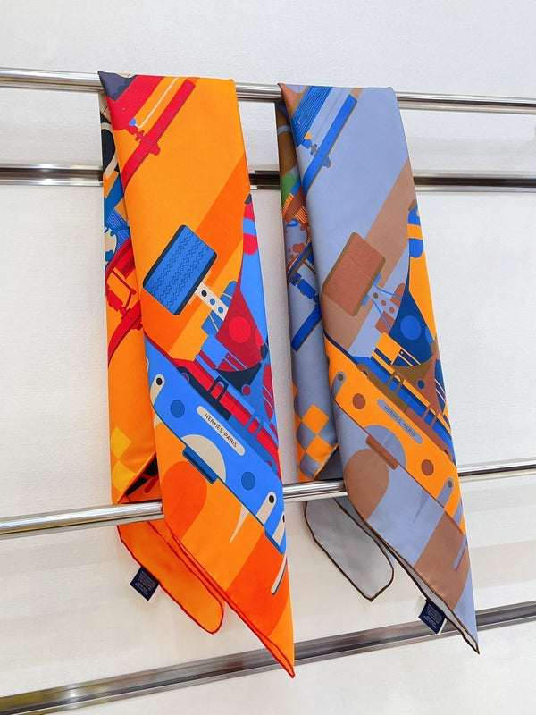 First & Chic Scarf 90 CM In Grey Blue Colorful Silk Twill 202493