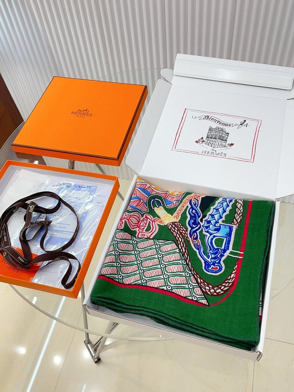 Gavroche Super Silk Quest Détail Scarf 140 CM In Green Colorful Cashmere And Silk 236108