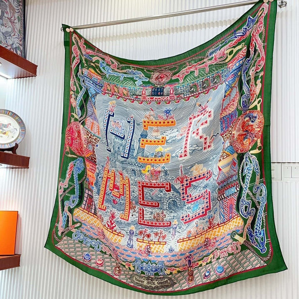 Gavroche Super Silk Quest Détail Scarf 140 CM In Green Colorful Cashmere And Silk 236108