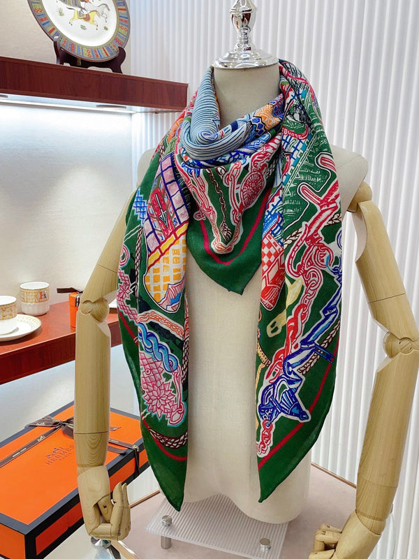 Gavroche Super Silk Quest Détail Scarf 140 CM In Green Colorful Cashmere And Silk 236108