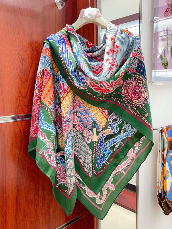 Gavroche Super Silk Quest Détail Scarf 140 CM In Green Colorful Cashmere And Silk 236108