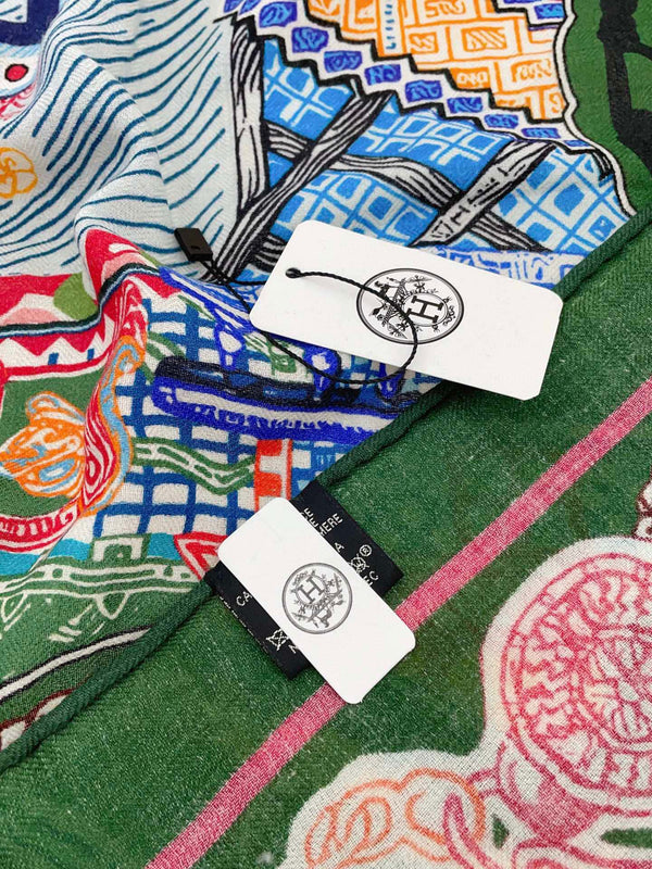 Gavroche Super Silk Quest Détail Scarf 140 CM In Green Colorful Cashmere And Silk 236108