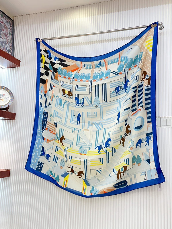 Horse Club Detail Scarf 140 CM In Colorful Cashmere And Silk 217219