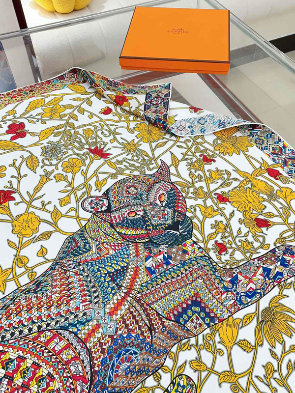 Le Jaguar Et Le Colibri Shawl 90 CM In Yellow Colorful Silk Twill 274206