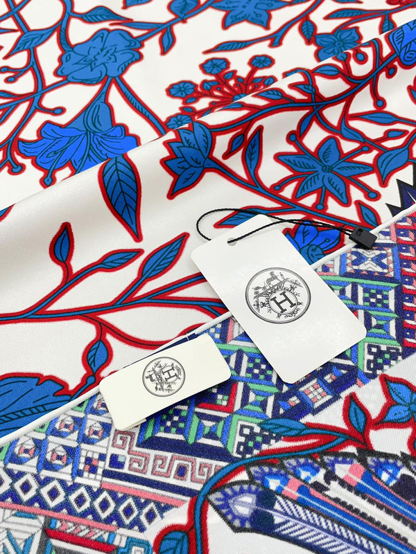 Le Jaguar Et Le Colibri Shawl 90 CM In Blue Colorful Silk Twill 274207