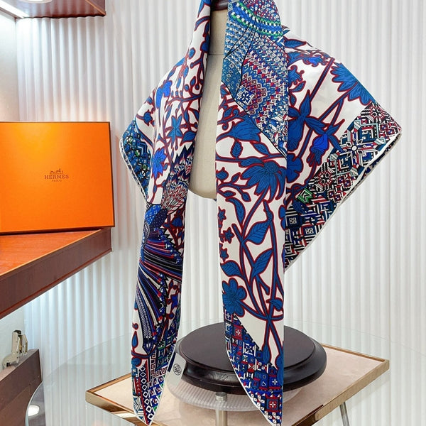 Le Jaguar Et Le Colibri Shawl 90 CM In Blue Colorful Silk Twill 274207