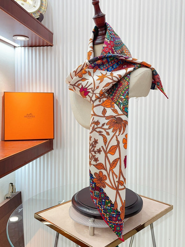 Le Jaguar Et Le Colibri Shawl 90 CM In Orange Colorful Silk Twill 274209