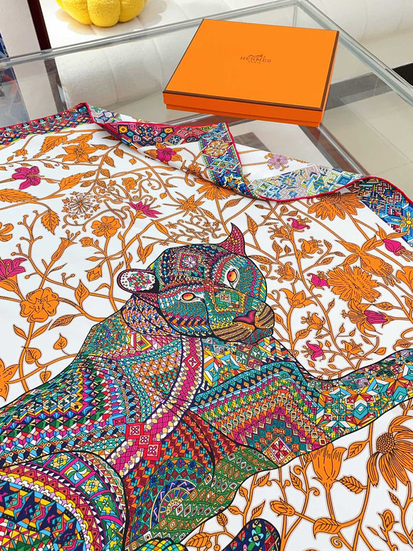 Le Jaguar Et Le Colibri Shawl 90 CM In Orange Colorful Silk Twill 274209