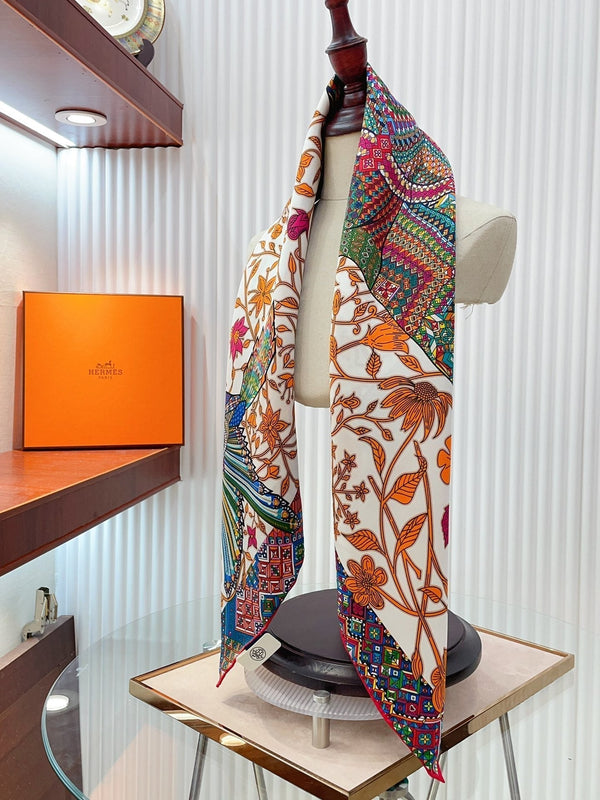 Le Jaguar Et Le Colibri Shawl 90 CM In Orange Colorful Silk Twill 274209