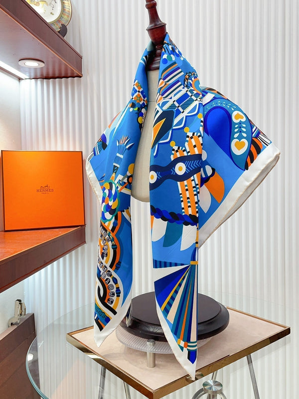 Haute Parure Scarf 90 CM In Blue Colorful Silk Twill  239535