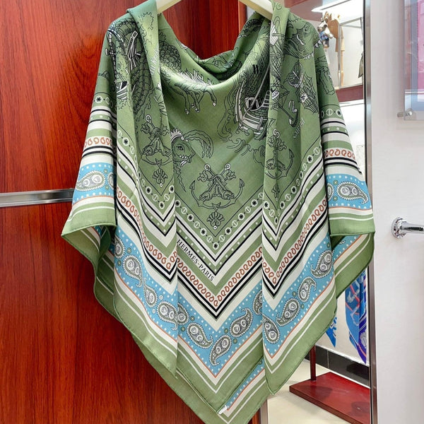 Tatouages Marins Bandana Shawl 135 CM In Green Colorful Cashmere And Silk 252311