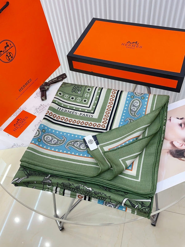 Tatouages Marins Bandana Shawl 135 CM In Green Colorful Cashmere And Silk 252311