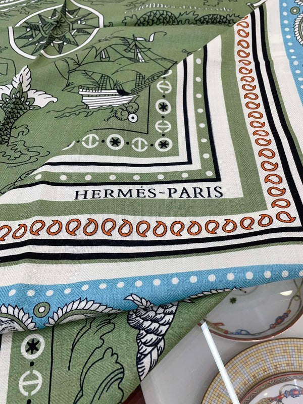 Tatouages Marins Bandana Shawl 135 CM In Green Colorful Cashmere And Silk 252311