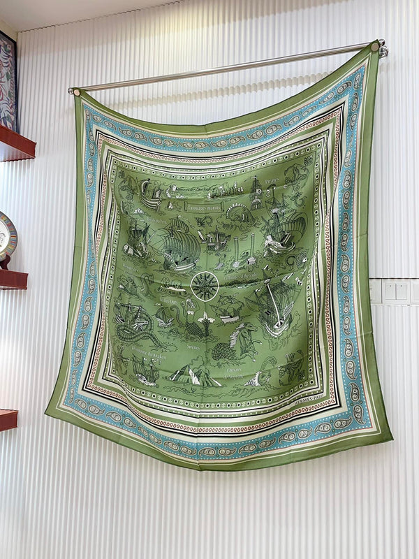 Tatouages Marins Bandana Shawl 135 CM In Green Colorful Cashmere And Silk 252311