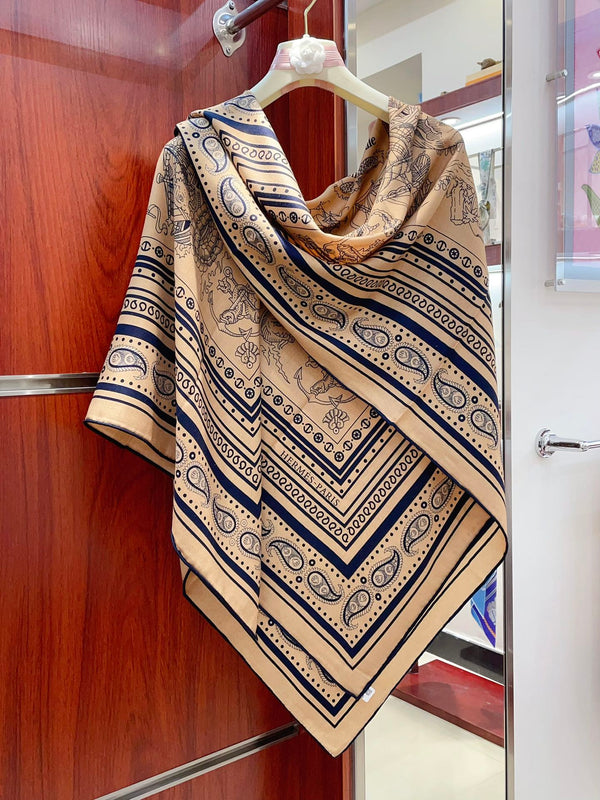Tatouages Marins Bandana Shawl 135 CM In Dark Beige Colorful Cashmere And Silk 252314