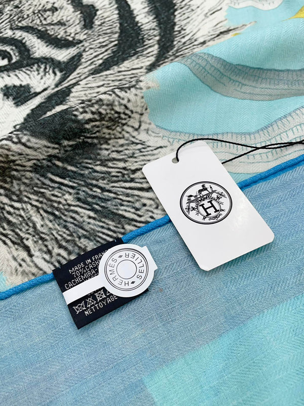 Tigre Royal Double Face Scarf 140 CM In Light Turquoise Colorful Cashmere And Silk 254647