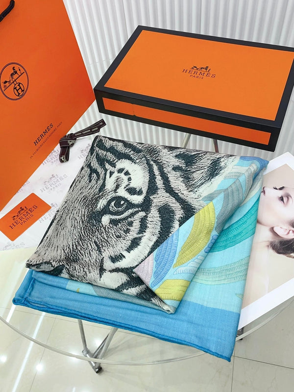 Tigre Royal Double Face Scarf 140 CM In Light Turquoise Colorful Cashmere And Silk 254647