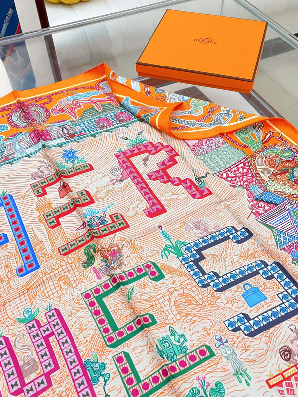 Gavroche Super Silk Quest Détail Scarf 90 CM In Orange Colorful Silk Twill 274212