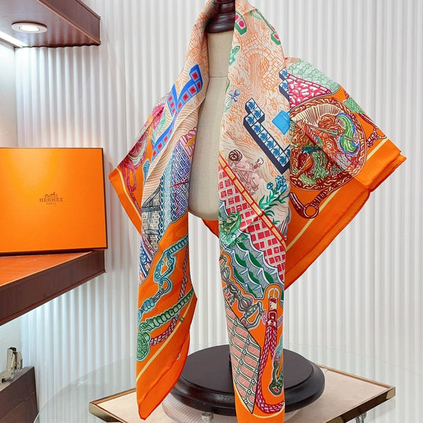 Gavroche Super Silk Quest Détail Scarf 90 CM In Orange Colorful Silk Twill 274212