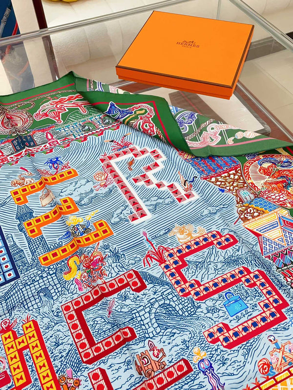 Gavroche Super Silk Quest Détail Scarf 90 CM In Green Colorful Silk Twill 274213