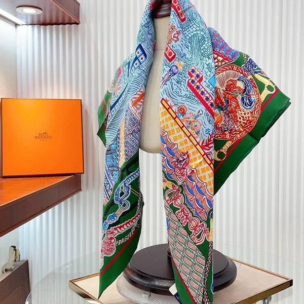 Gavroche Super Silk Quest Détail Scarf 90 CM In Green Colorful Silk Twill 274213