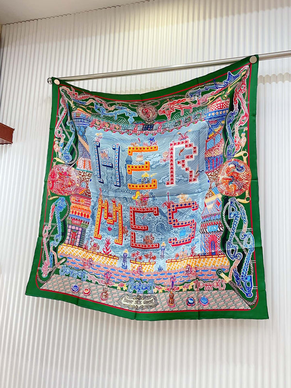 Gavroche Super Silk Quest Détail Scarf 90 CM In Green Colorful Silk Twill 274213