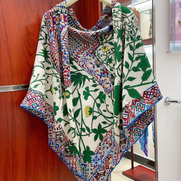 Le Jaguar Et Le Colibri Shawl 135 CM Green Colorful Cashmere And Silk 281676