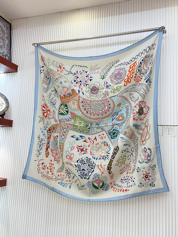 En Attendant Ulysse Shawl 140 CM In Light Blue Colorful Cashmere And Silk 294497