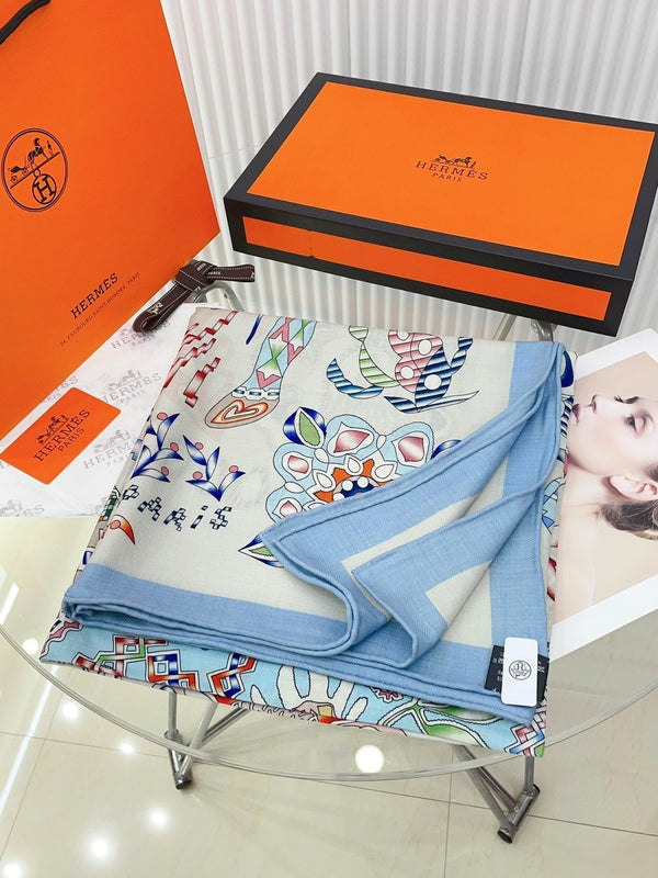 En Attendant Ulysse Shawl 140 CM In Light Blue Colorful Cashmere And Silk 294497