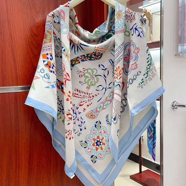 En Attendant Ulysse Shawl 140 CM In Light Blue Colorful Cashmere And Silk 294497