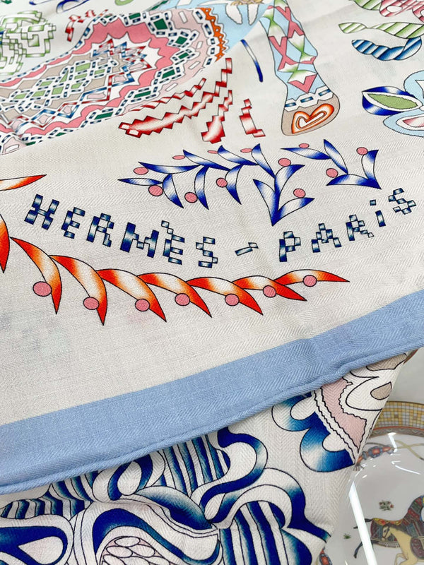 En Attendant Ulysse Shawl 140 CM In Light Blue Colorful Cashmere And Silk 294497