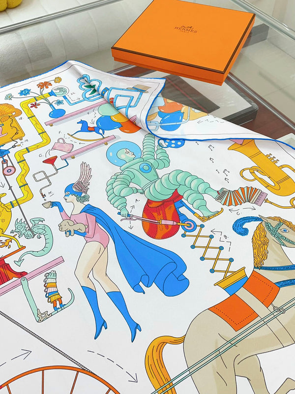 Tea For Two Scarf 90 CM In White Colorful Silk Twill  296691