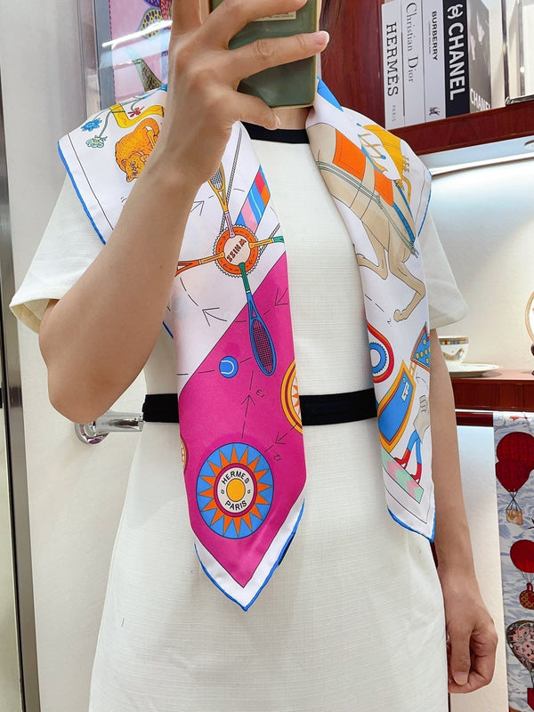 Tea For Two Scarf 90 CM In White Colorful Silk Twill  296691