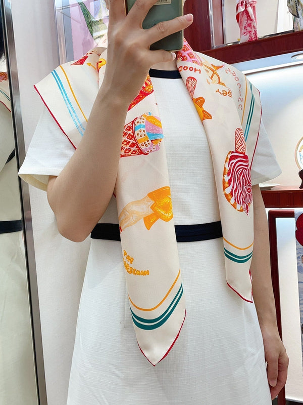 Funny Ice Cream Scarf 90 CM In White Colorful Silk Twill 300438