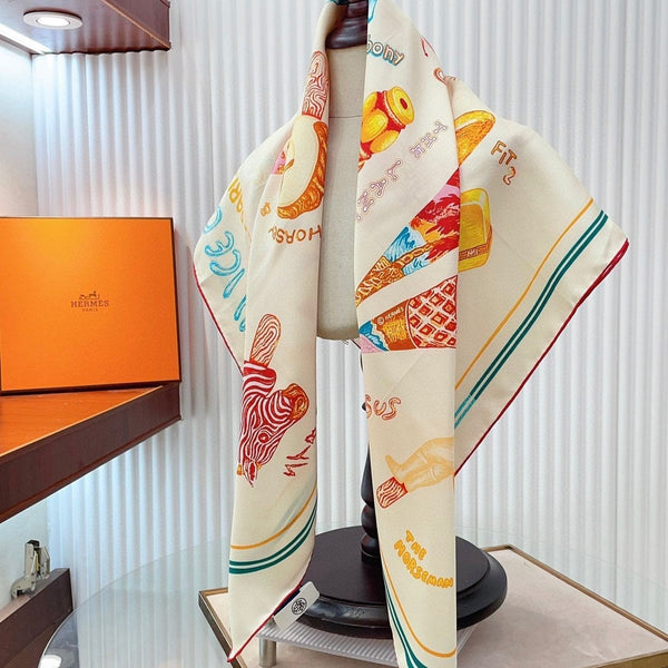 Funny Ice Cream Scarf 90 CM In White Colorful Silk Twill 300438