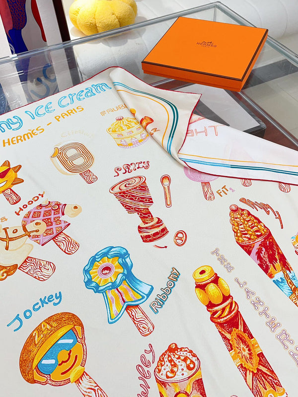 Funny Ice Cream Scarf 90 CM In White Colorful Silk Twill 300438