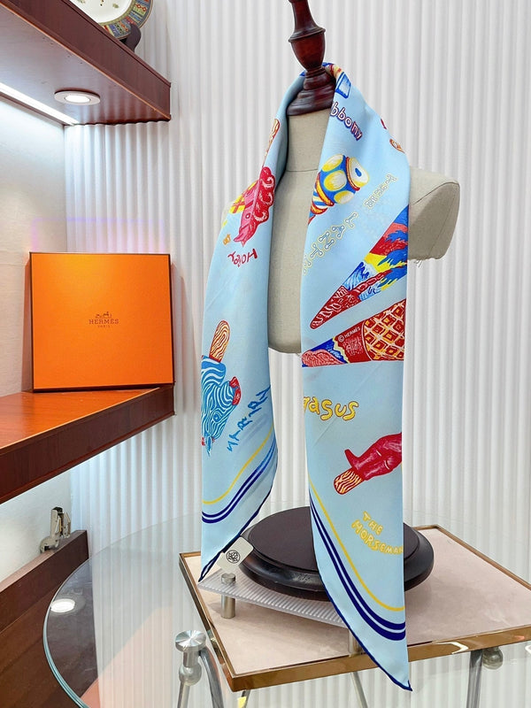 Funny Ice Cream Scarf 90 CM In Light Blue Colorful Silk Twill 300439