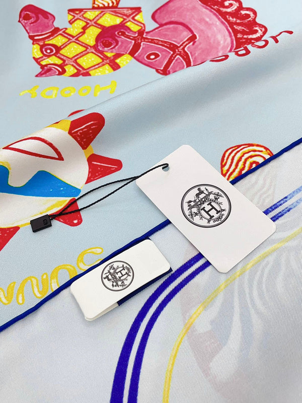 Funny Ice Cream Scarf 90 CM In Light Blue Colorful Silk Twill 300439