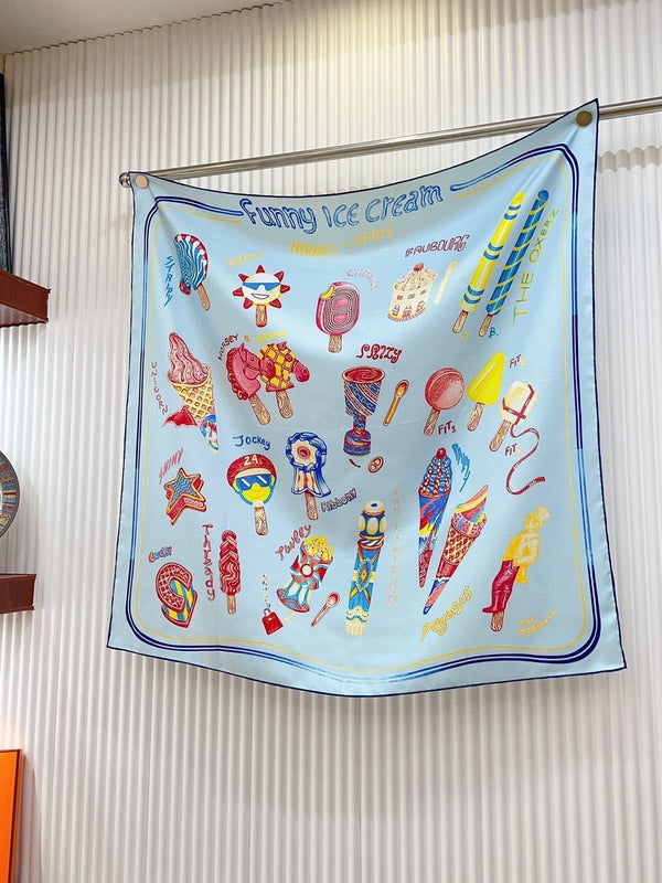 Funny Ice Cream Scarf 90 CM In Light Blue Colorful Silk Twill 300439