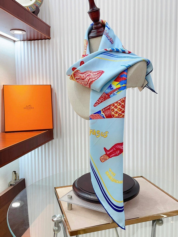 Funny Ice Cream Scarf 90 CM In Light Blue Colorful Silk Twill 300439
