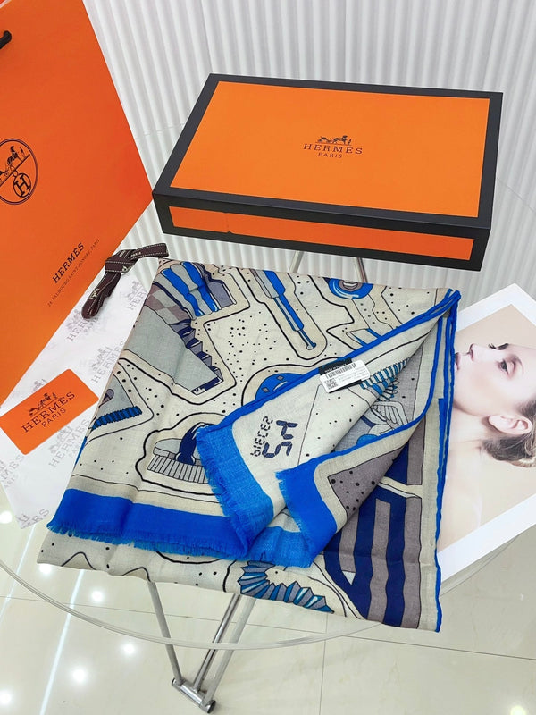 Cosmic Horse Set rectangle Scarf 180 CM In Blue Colorful Cashmere And Silk 308063